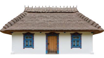 Traditional Ukrainian house with thatched roof isolated PNG, rural architecture with blue window frames and wooden door on transparent background