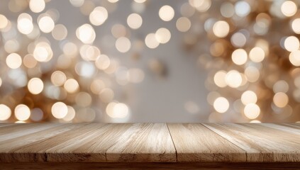 A wooden table surface in front of a blurred background of golden bokeh lights