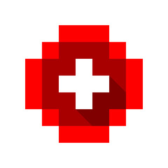 White cross on red circle medical pixel art icon vector design