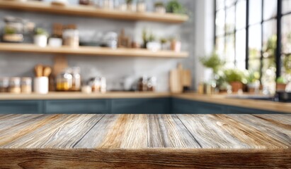 Rustic wooden tabletop in a bright, modern kitchen with plants