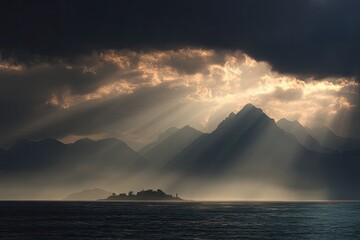 Sunbeams pierce dark clouds, illuminating distant mountains and a small island