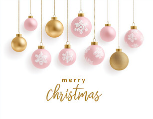 Soft pink and golden ornaments frame centered Merry Christmas wording on white.