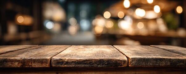 Rustic wooden table in front of a warmly lit, blurred background