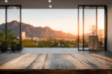 Rustic wooden table overlooks a sun-drenched mountain vista through expansive glass doors