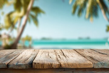 Rustic wooden surface with blurred tropical beach background and ocean