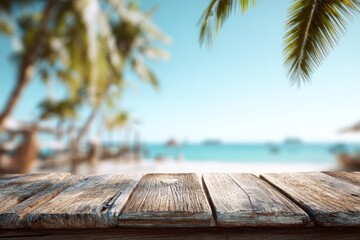 A weathered wooden table overlooking a sun-drenched, blurred tropical beach scene