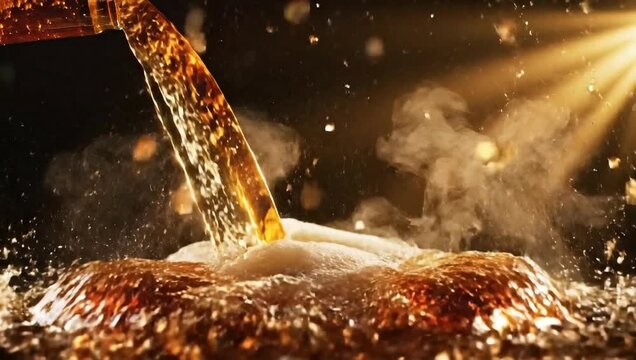 Golden liquid pouring and splashing on a dark surface with a bright light source.