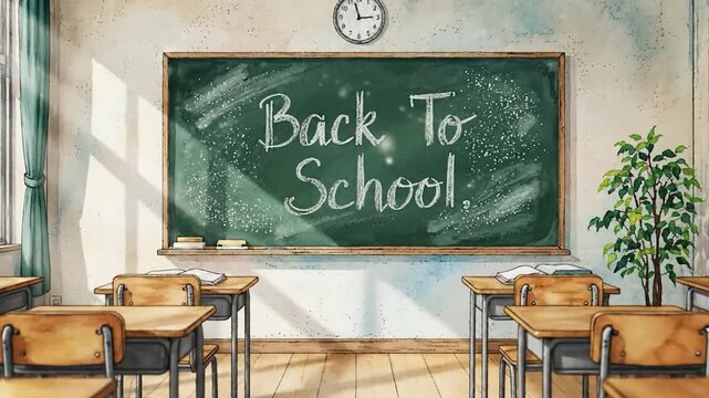 An empty classroom with "Back To School" written on the chalkboard