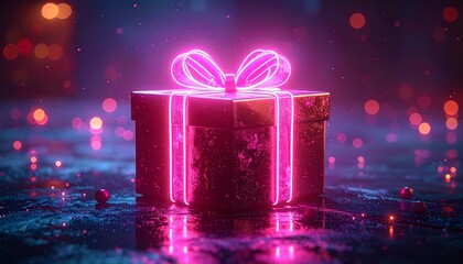 Glowing neon gift box with ribbon on dark reflective surface, futuristic cyberpunk style, vibrant pink and purple lights, dramatic contrast, festive digital art concept