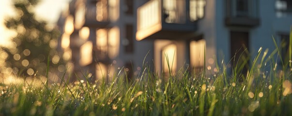 Green blades of grass glistening with dew in morning light, blurred building background