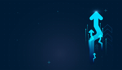 Futuristic gradients on a dark grid background evoke digital finance dashboards. Thin vertical lines behind the arrows hint at stock charts and revenue spikes up