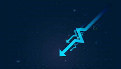 Multiple arrows indicate diverse down revenue streams falling together. The leading pointing down arrows at the top signifies market leadership and ambition
