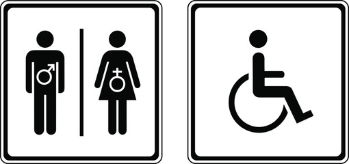Black restroom and accessibility icons, gender and wheelchair symbol set, facility signage vector graphics, editable silhouette design for UI, apps, infographics, public spaces