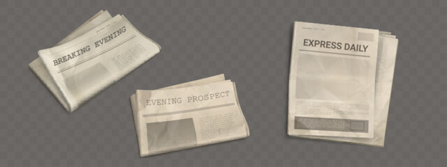 Newspaper mockup set with folded crumpled paper templates in realistic style. Various vector news layout designs with article columns, text blocks and image placeholders for press media publication.