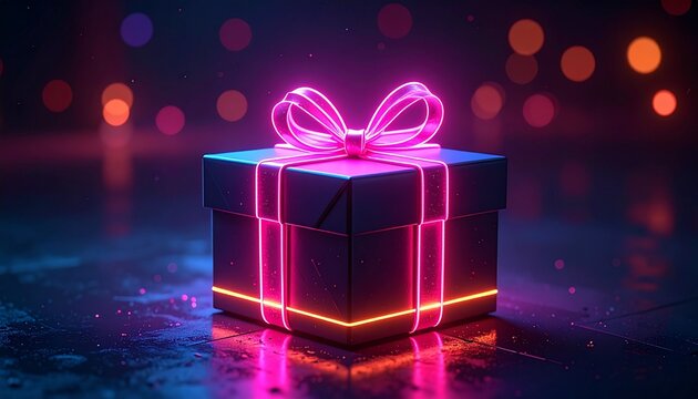 Glowing neon gift box with ribbon on dark reflective surface, futuristic cyberpunk style, vibrant pink and purple lights, dramatic contrast, festive digital art concept - Powered by Adobe
