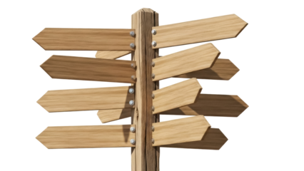 Wooden signpost with multiple arrow signs isolated PNG, direction indicator for travel and navigation on transparent background