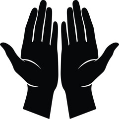 Obraz premium Black silhouette of two open human hands, prayer gesture, offering symbol, peace sign, spiritual icon, minimal vector design, cultural meaning