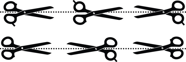Black silhouette vector icons of scissors in various open and closed positions, ideal for hairdressing, tailoring, or crafting themes, cleanly isolated on a white background with dotted cutting lines.