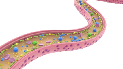Detailed blood vessel with cells isolated PNG on transparent background, medical visualization for educational and scientific use