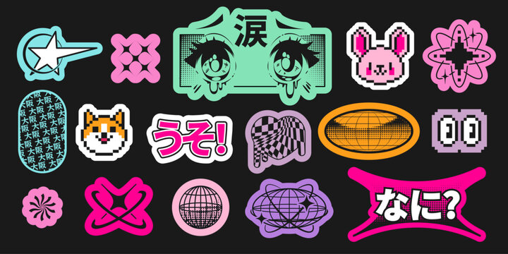 Y2k anime sticker collection with pixel art characters, geometric shapes and Japanese text elements in vibrant colors. Retro graphic icons of cute animals and stars, globes for nostalgic design.