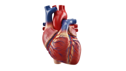 Realistic human heart model isolated PNG, anatomical organ with arteries and veins on transparent background, medical study aid for education