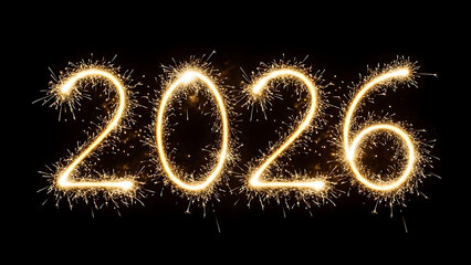 Golden Fireworks Exploding in Dark Night Sky Forming the Glowing Number 2026 with Sparkling Light Trails for New Year Celebration Photography
