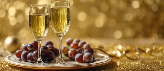 Champagne glasses with grapes and a festive background