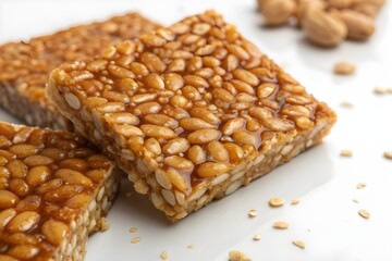 Top view macro of tal ni chikki with tightly packed toasted sesame seeds bound in golden jaggery showing glossy caramel shine and crisp crunchy texture on a clean minimal background - AI Generated