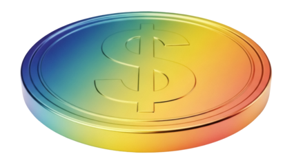 Rainbow gradient dollar coin PNG isolated on transparent background, colorful money symbol for finance and investment concepts
