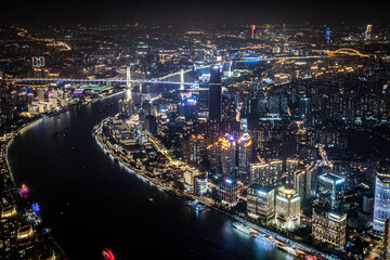 HIgh angle view of Shanghai skyline by Pudong river