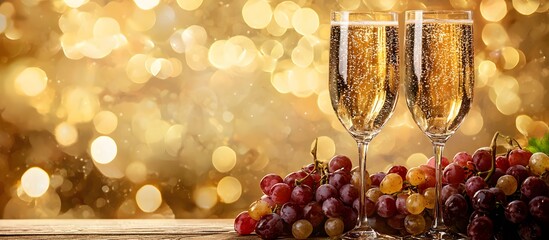 Champagne glasses with grapes and a festive background