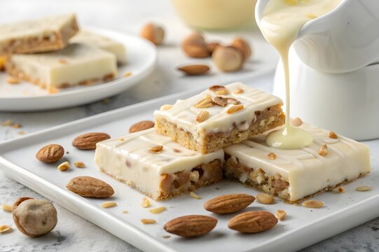Macro shot of white chocolate melting and flowing over almond chikki squares with silky creamy texture glossy highlights and soft pastel tones on a clean minimal background - AI Generated