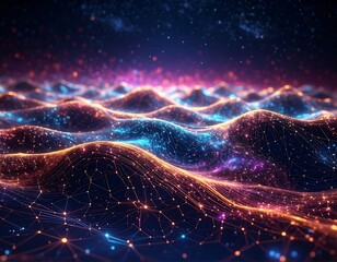Digital landscape with glowing waves under a starry night sky