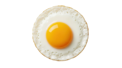 Fried egg isolated PNG on transparent background, sunny side up breakfast food with yellow yolk and cooked egg white for cooking and recipe use