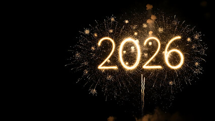 Golden Fireworks Exploding in Dark Night Sky Forming the Glowing Number 2026 with Sparkling Light Trails for New Year Celebration Photography