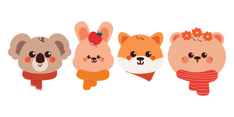 set of cute hand drawing cartoon animals with scarf for winter sticker