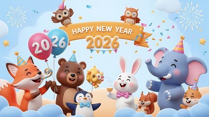 Obraz premium Celebrating new year 2026 with animal friends