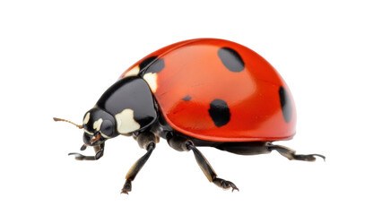 Naklejka premium Red ladybug with black spots PNG isolated on transparent background, close-up of a seven-spot ladybug for biology and nature studies