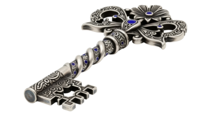 Ornate silver key with blue accents isolated PNG, antique style vintage key for fantasy and treasure hunt themes