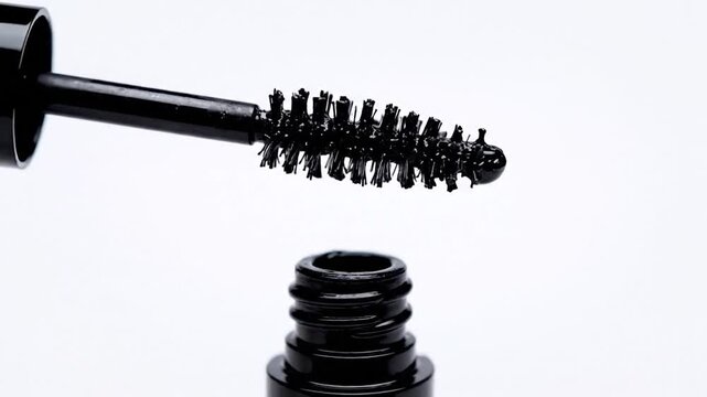 Black liquid drips from a mascara wand into its container