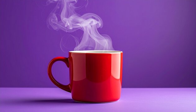 Red ceramic mug with hot steaming drink on purple background, minimalist still life, soft studio lighting, cozy warm mood, clean modern composition