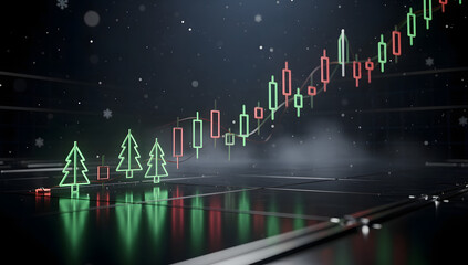 Obraz premium Abstract Christmas background combining glowing red and green stock market elements with festive lighting, dark gradients and cinematic depth. AI Generated.
