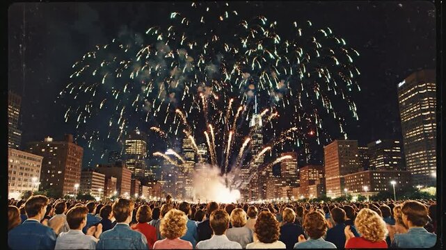 Crowd watches vibrant fireworks explode above city buildings at night
