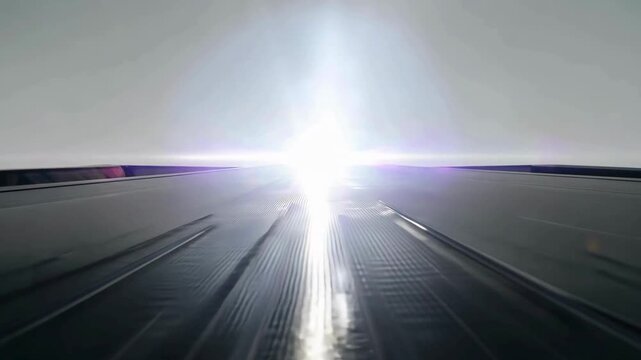 Futuristic high-speed camera movement over solar panels or tech surface towards bright light flare.