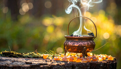 Natural Pine Resin Incense in Traditional Copper Bowl