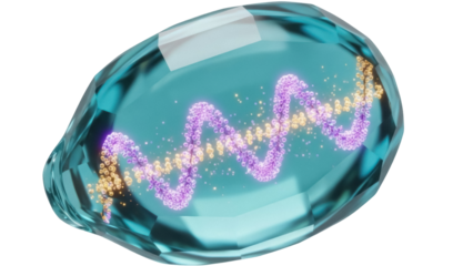 Teal gemstone with DNA strand inside isolated PNG, science and genetics concept for medical research and biotechnology applications