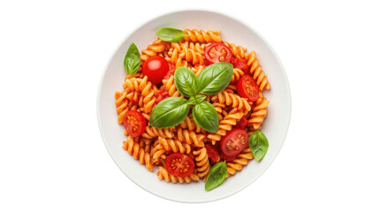 Delicious pasta with tomato sauce and basil isolated on transparent background