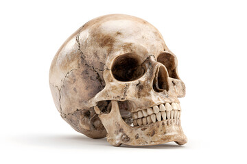 Obraz premium Detailed human skull displayed on a plain surface showing its anatomical features and structure in a well-lit environment