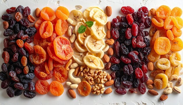 Assorted nuts and dried fruits in white bowls on clean background, healthy snack concept, balanced arrangement, soft studio lighting, detailed food still life photography