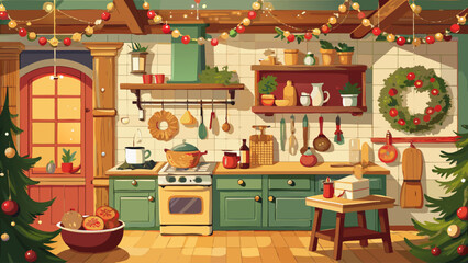 Rustic kitchen decorated for Christmas with garlands, wreaths, pine branches, warm lighting, and holiday baking atmosphere
